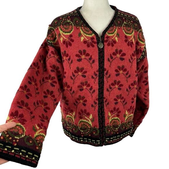 Icelandic Design Full Zip Jacket Wool 3D Knit Textured Floral Vintage Lined L - Picture 5 of 16